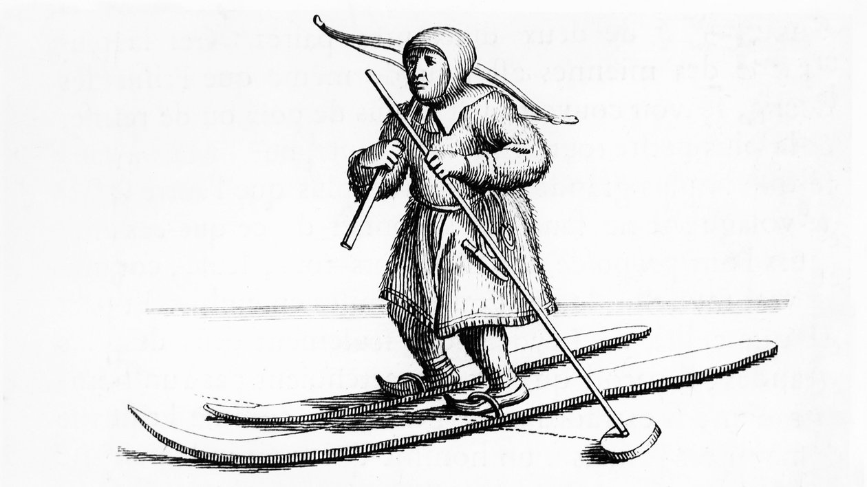 Ski Lapon av ujevn lengde - i "" Laponia"" av Johanes Schefter, gravering av Unknown artist