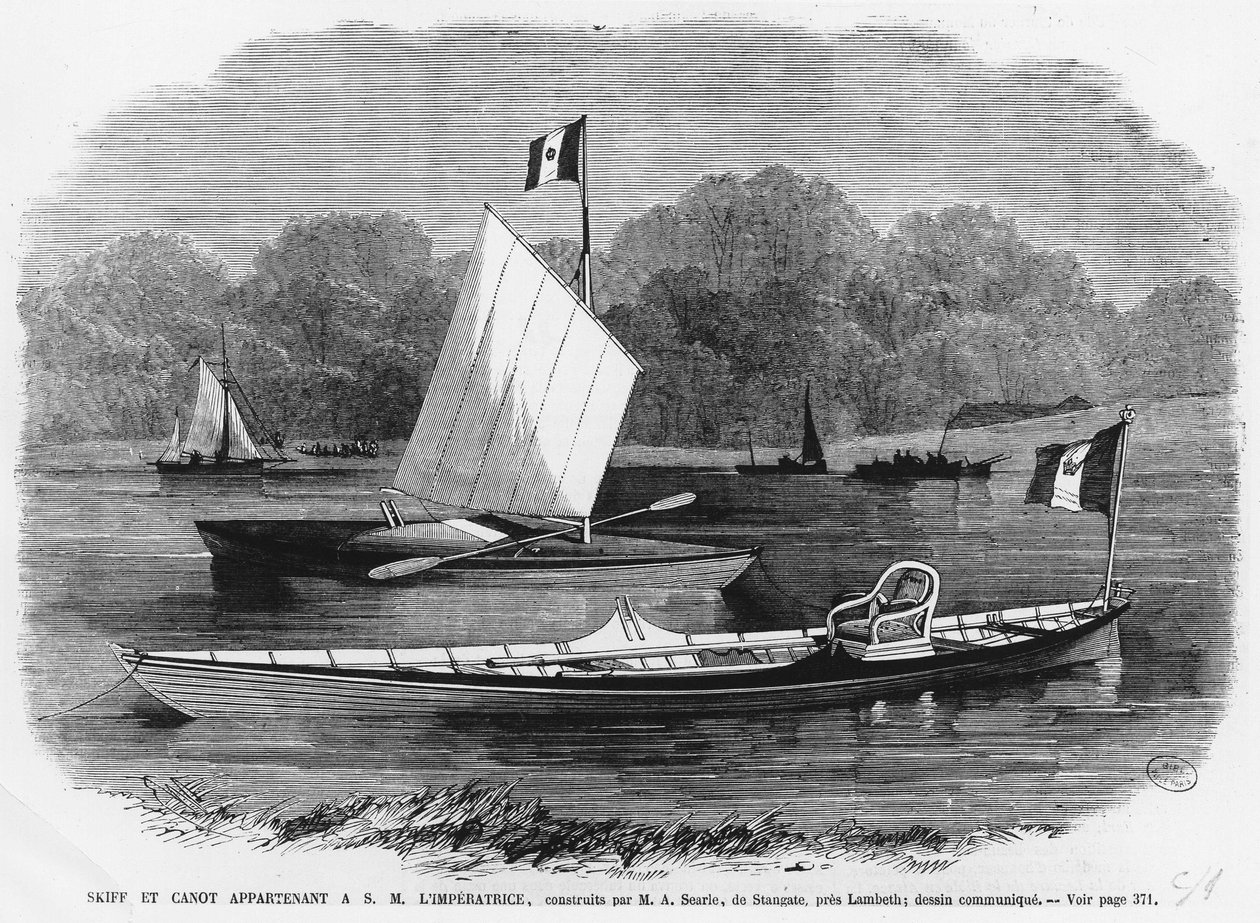 Skiff og kano ved siden av imperatrisen, bygget av M.A. Searle de Stangate, nær Lambeth - gravering av Unknown artist
