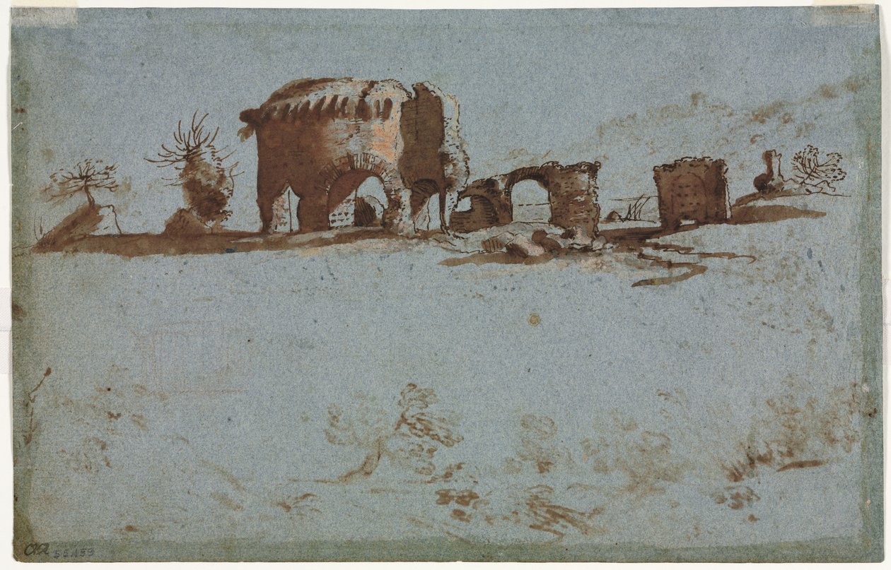 Liten gruppe romerske ruiner (verso) av Unknown artist