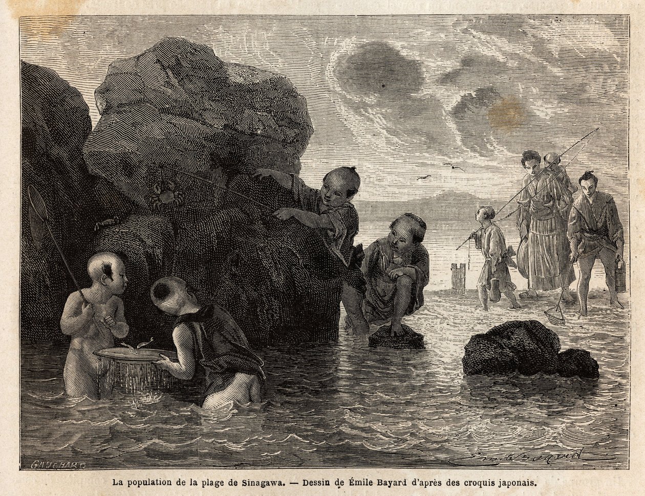 Små fiskeaktiviteter på en strand i Sinagawa, barn plasker i vannet og fanger krabber og småfisk. Gravering for å illustrere reisen til Japan, i 1863-1864, av Aime Humbert, minister for det sveitsiske konføderasjonen, i "" Le tour du monde, nouveau j av Unknown artist