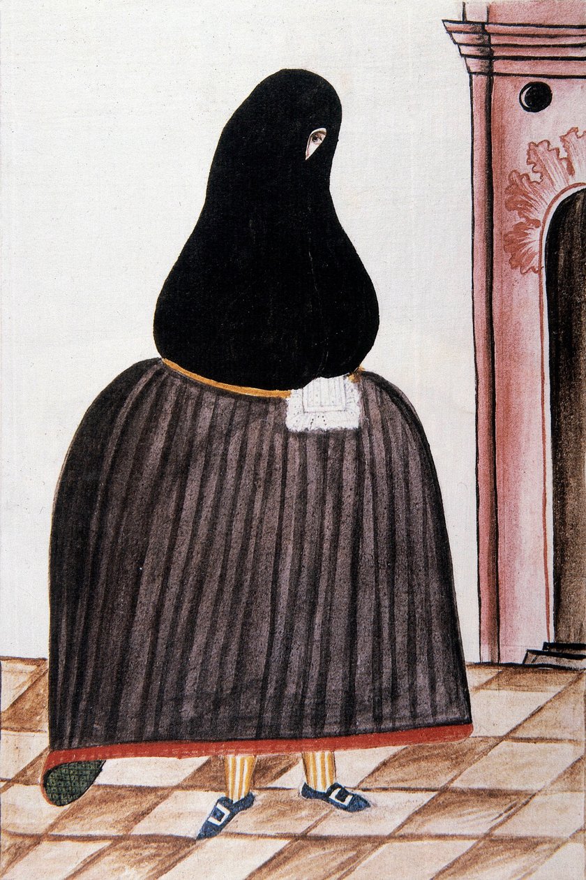 Spansk kvinne som har på seg en skifer som dekker ansiktet hennes, fra "Trujillo del Peru" eller "Codex Martinez Companion", av Baltazar Martinez Companion og Bujanda, biskop av Trujillo (1782-1785) av Unknown artist