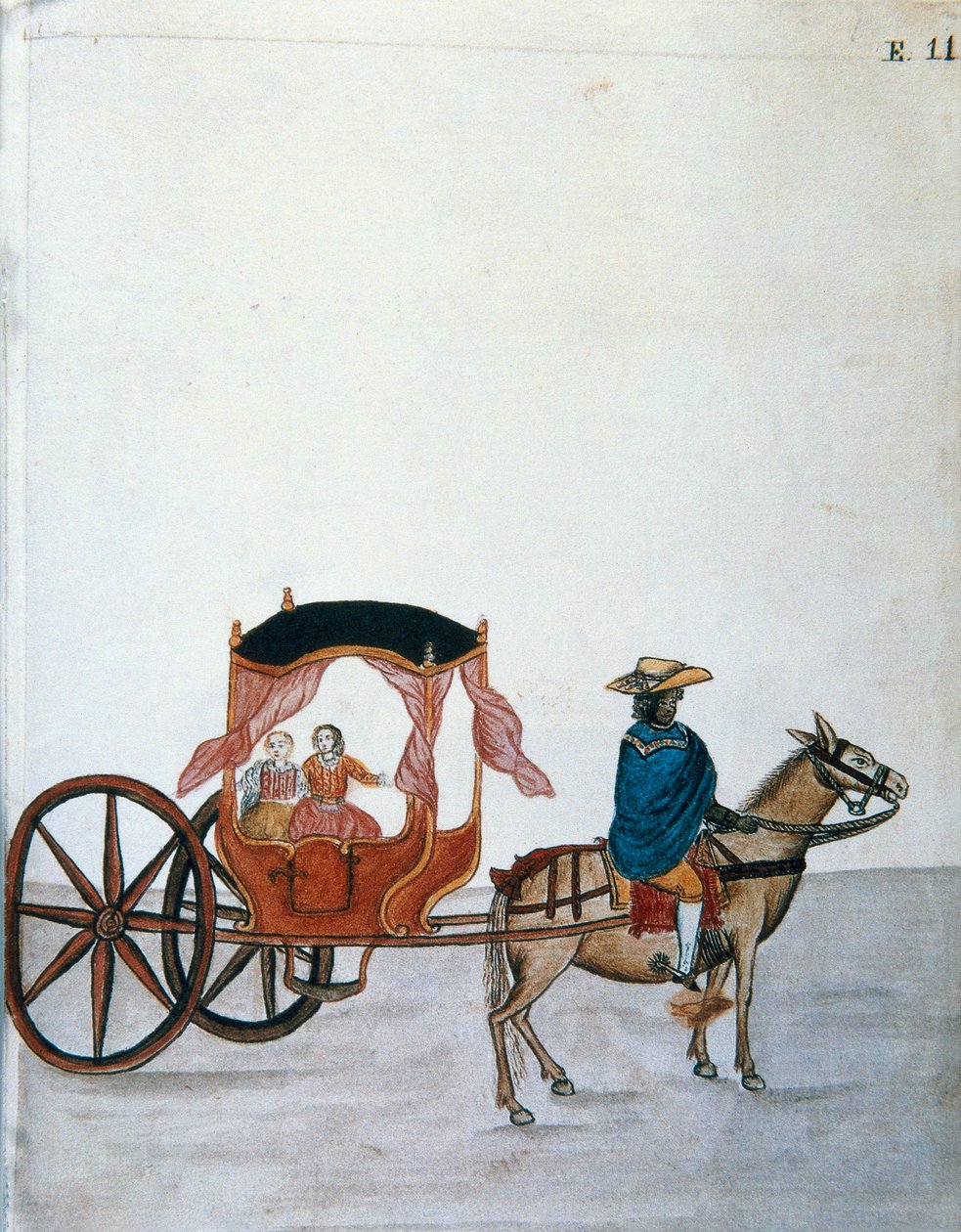 Spanske kvinner i en hestevogn ledet av en indianer, fra boken "Trujillo of Peru" eller "Codex Martinez Companion", av Baltazar Martinez Companion og Bujanda, biskop av Trujillo (1782-1785) av Unknown artist