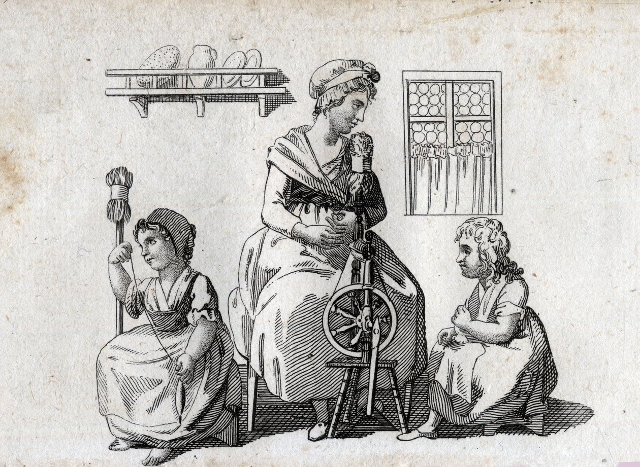 Spinning: mother and her daughters spinning wool. The woman uses a spinning wheel and her daughter uses a cattail. End engraving of the 18th century. Private collection. av Unknown artist