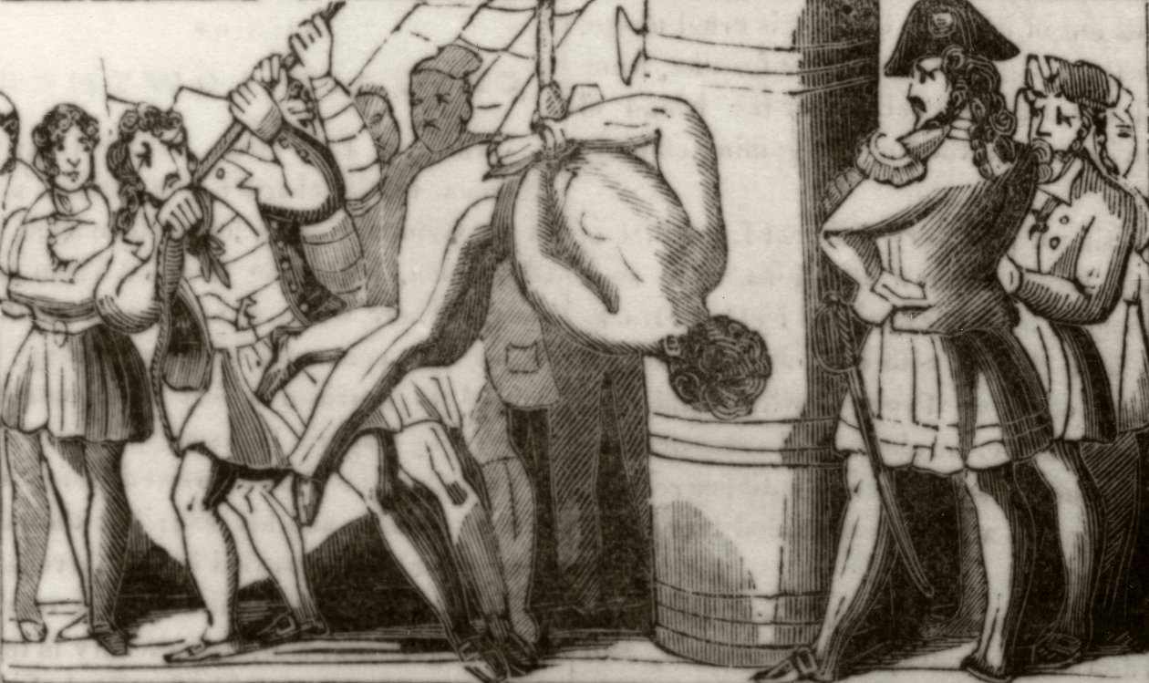 'Spriggs som heiser mannskapet på en Boston-skonnert opp til fortoppen og lar dem falle på dekk', ca. 1836 av Unknown artist