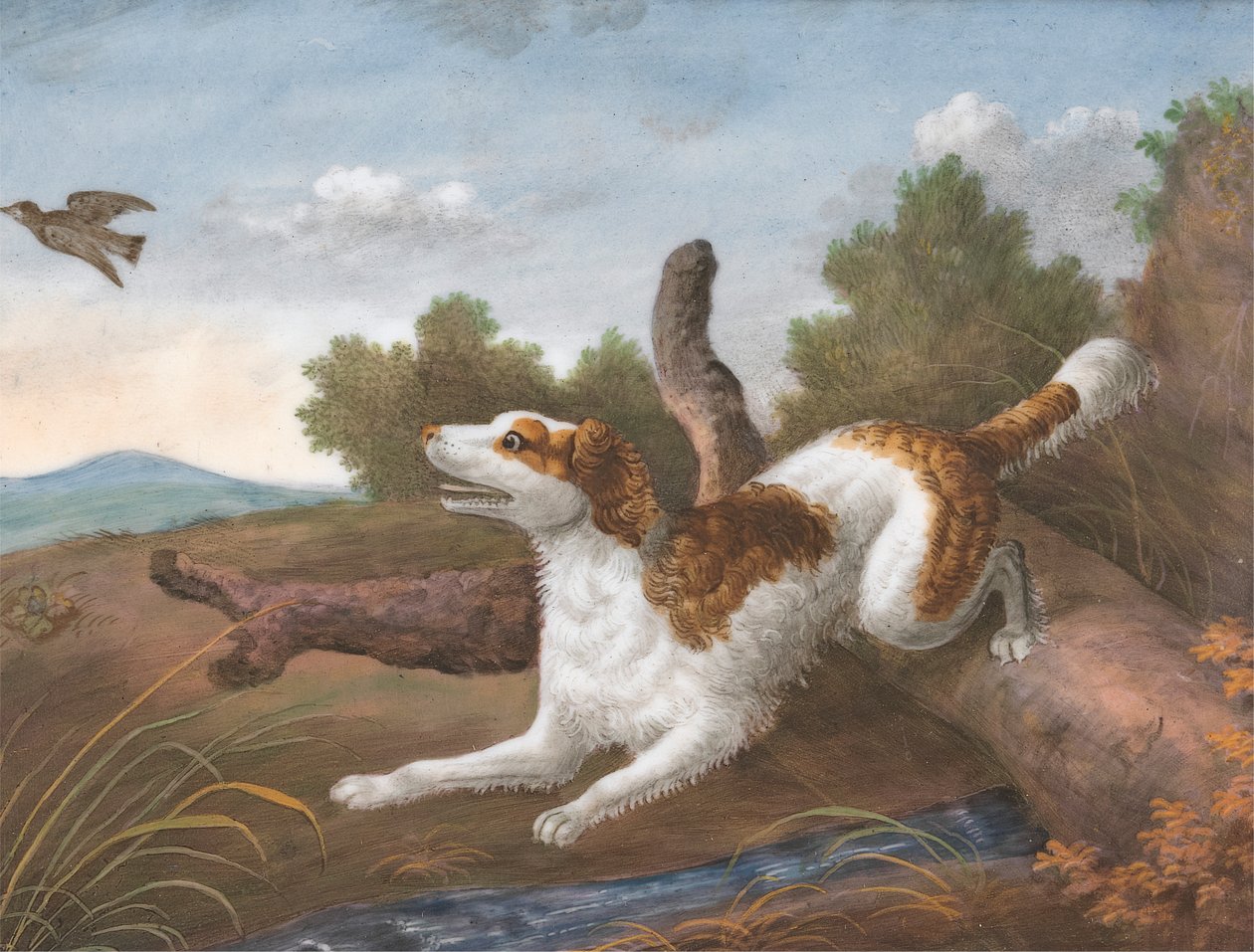 Springer: En spaniel som grenser over en tømmerstokk for å springe en snipe på venstre side av Unknown artist