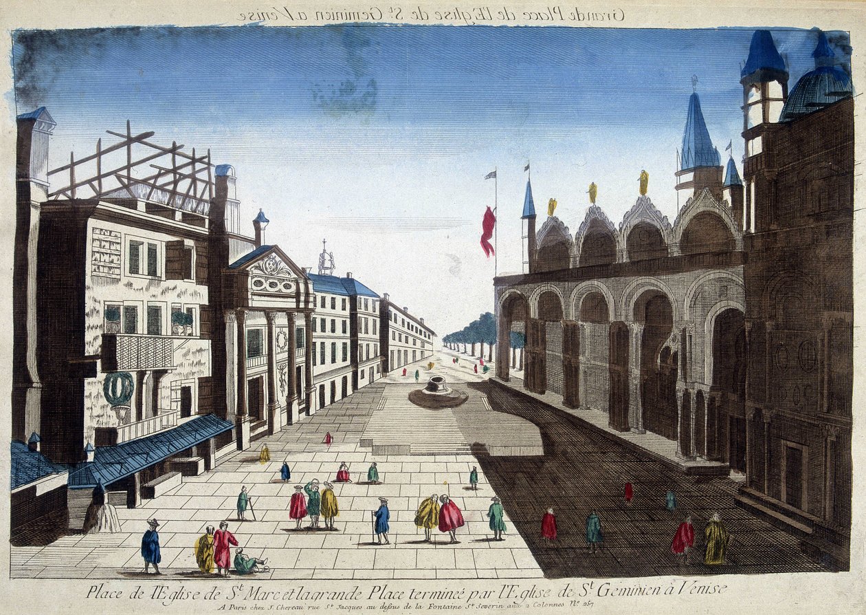 Plassen til St. Markus-kirken og den store plass ferdigstilt av St. Geminian-kirken i Venezia. Gravering fra 1700-tallet. av Unknown artist