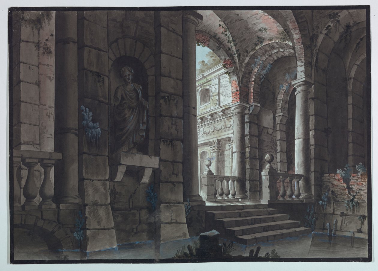 Scenedesign, antikke ruiner, interiør av Unknown artist