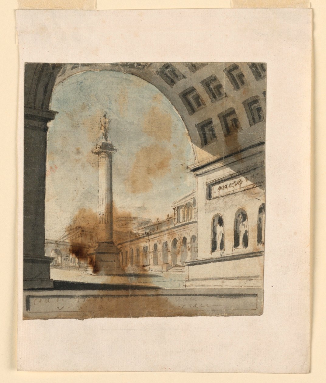 Scenedesign, søyle med monument på toppen av Unknown artist
