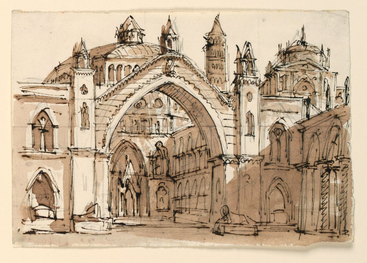 Scenedesign, eksteriør av gotisk kirke av Unknown artist