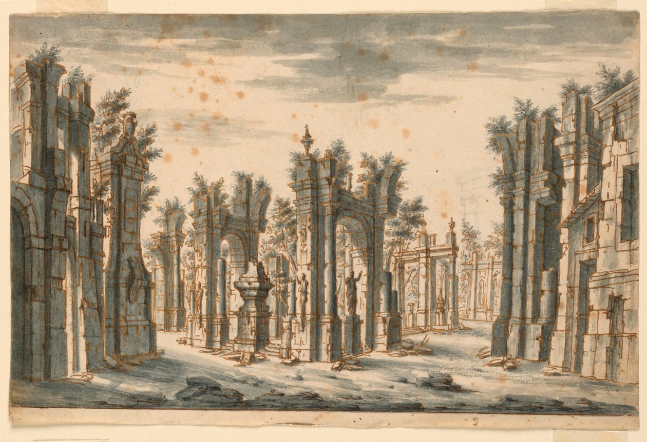 Scenedesign, gruppe bygninger i ruiner av Unknown artist