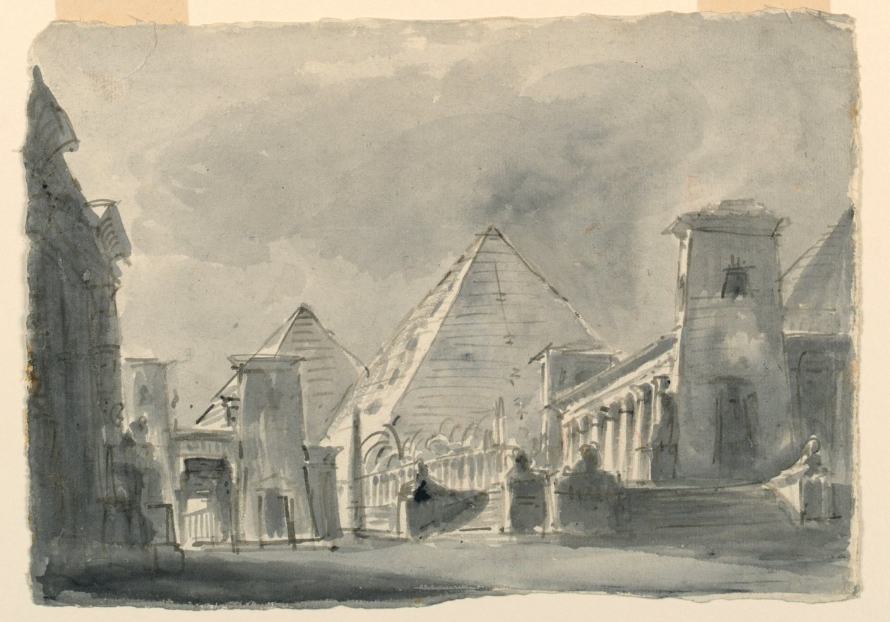 Scenedesign, gruppe egyptiske bygninger fra utsiden av Unknown artist