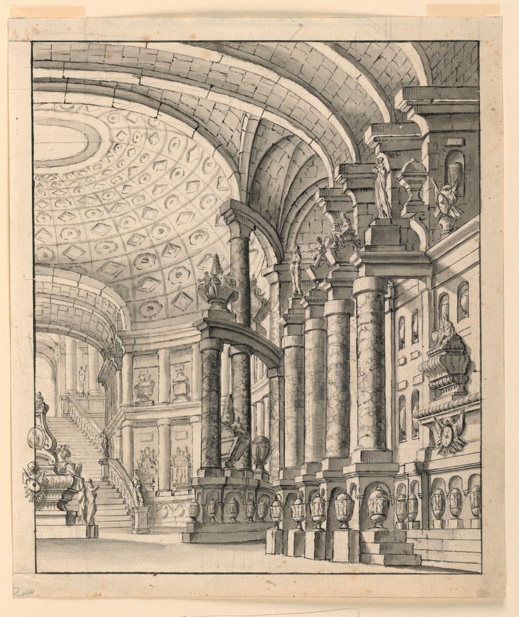 Scenedesign: Hall med innkapslet tak og urner av Unknown artist