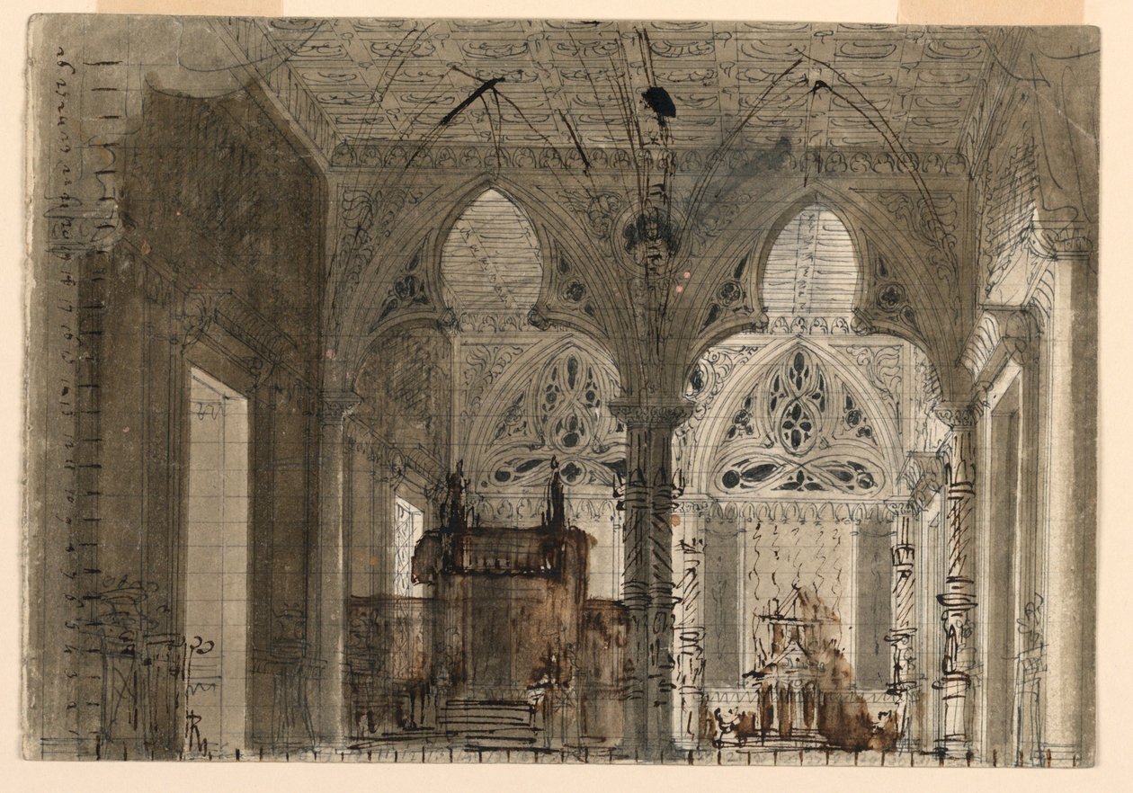 Scenedesign, interiør i gotisk kirke av Unknown artist