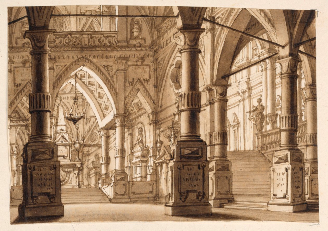Scenedesign, interiør i gotisk kirke av Unknown artist
