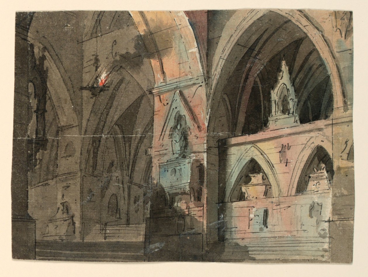 Scenedesign, interiør i gotisk kirke av Unknown artist