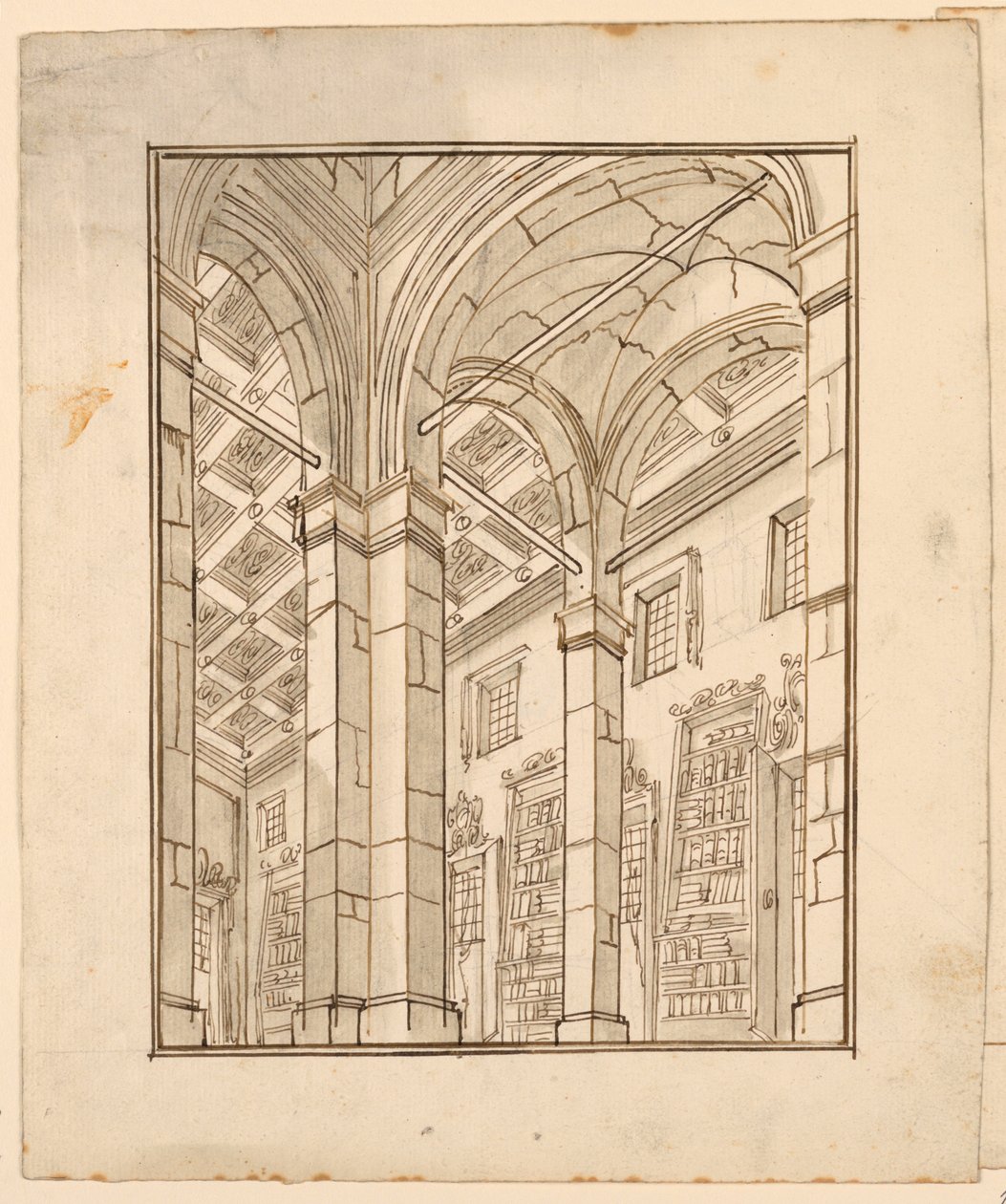 Scenedesign: Bibliotekinteriør med buer av Unknown artist