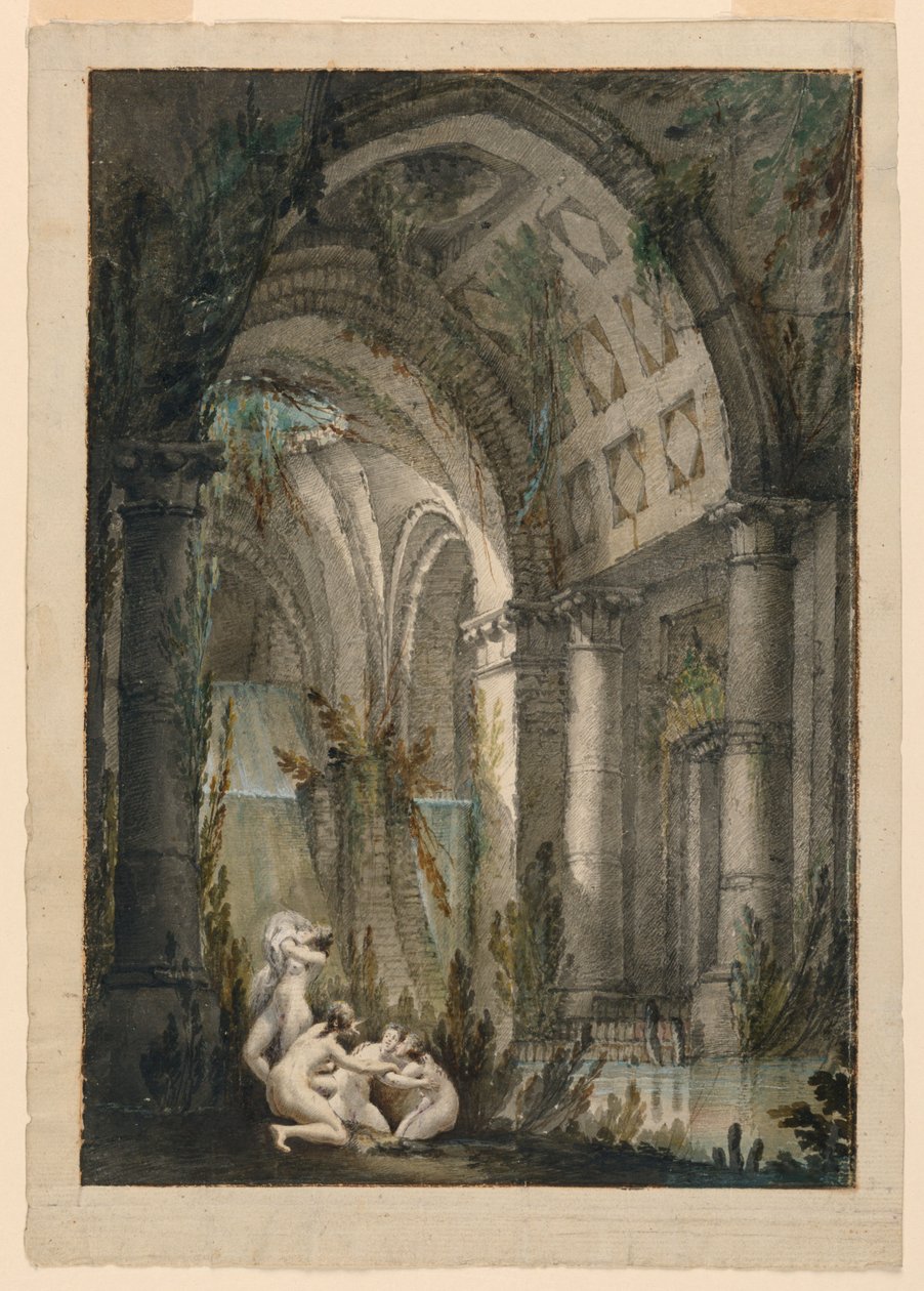 Scenedesign, nymfer som bader i grotte av Unknown artist