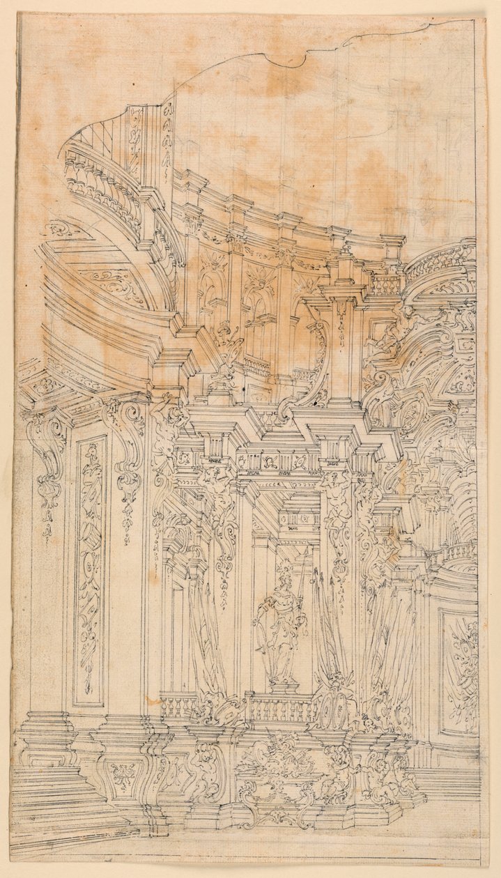 Scenedesign: Palassarkitektur med trofeer av Unknown artist