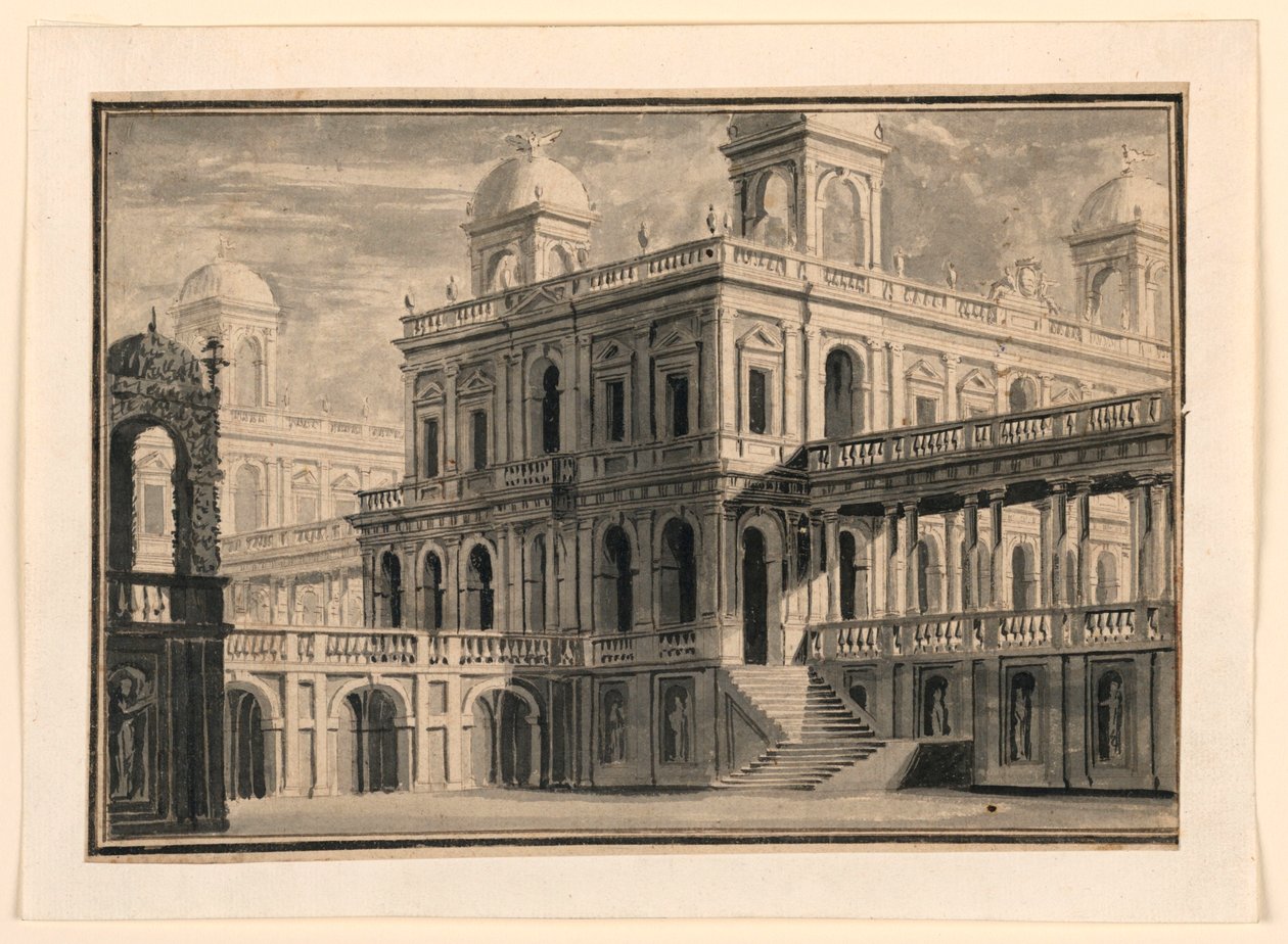 Scenedesign, palass og portikoer fra utsiden av Unknown artist