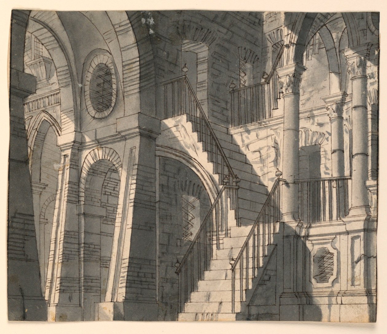 Scenedesign, steininteriør med trapp av Unknown artist