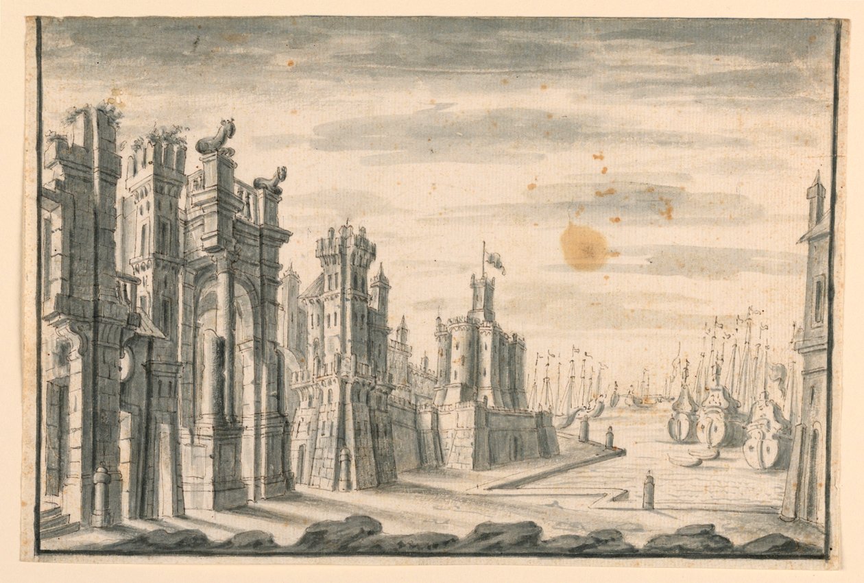 Scenedesign, utsikt over byen og havnen av Unknown artist