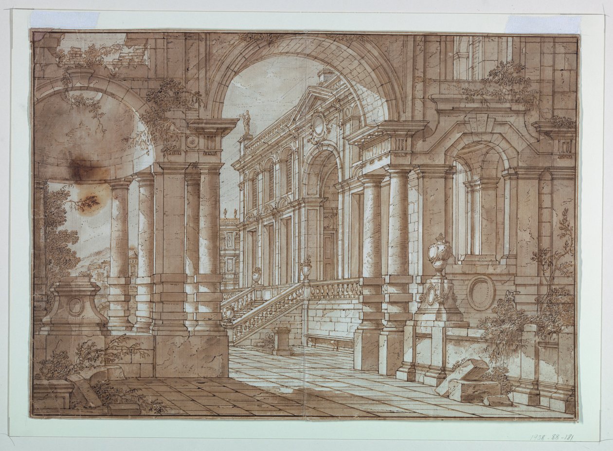 Scenedesign, utsikt over et palass fra en terrasse av Unknown artist