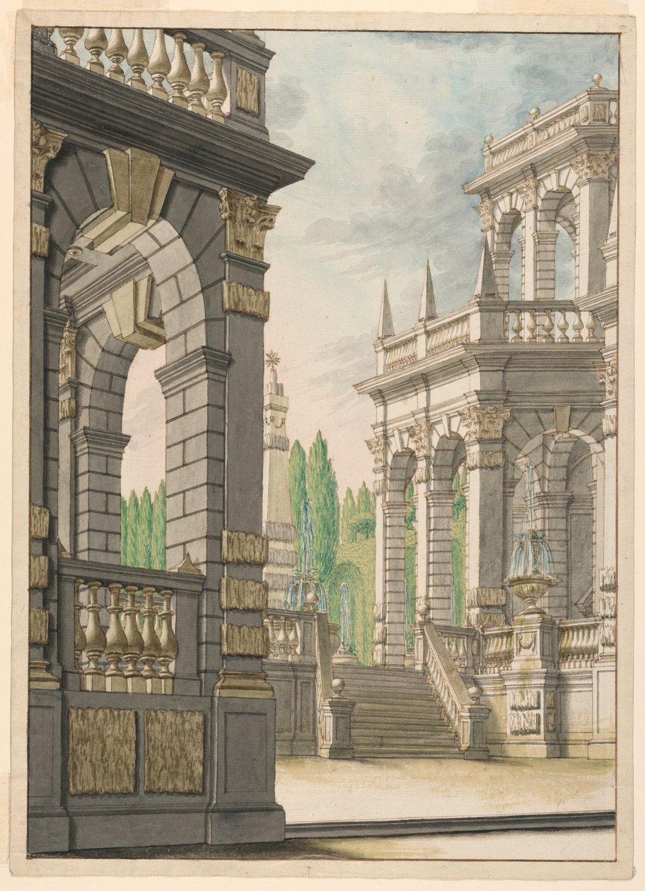 Scenedesign: Villa med Obelisk og Albani-våpen av Unknown artist