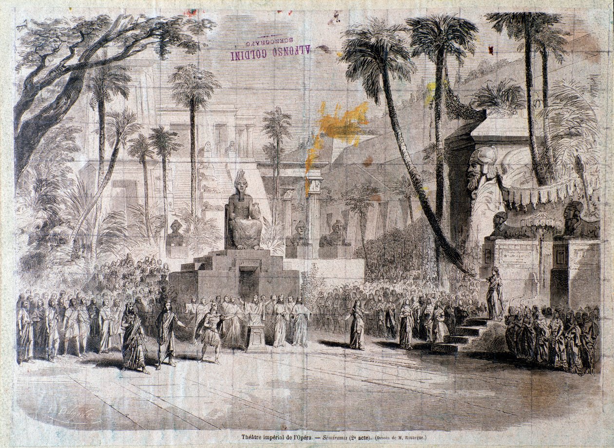 Scenesett for andre akt av Semiramide, opera av Gioacchino Rossini av Unknown artist