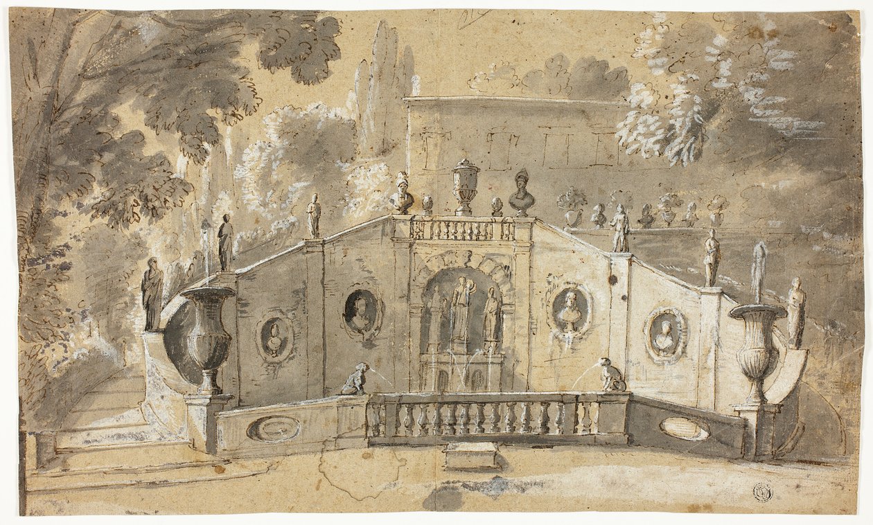 Trapp og fontene (recto); Sittende mann naken i profil til venstre, ser oppover (verso) av Unknown artist