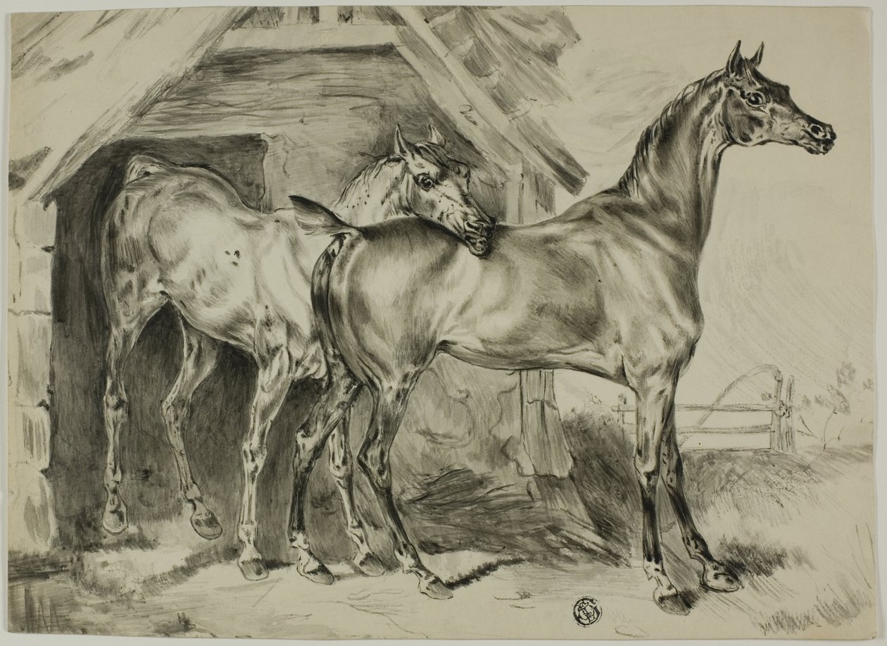 Stående hoppe og føll av Unknown artist