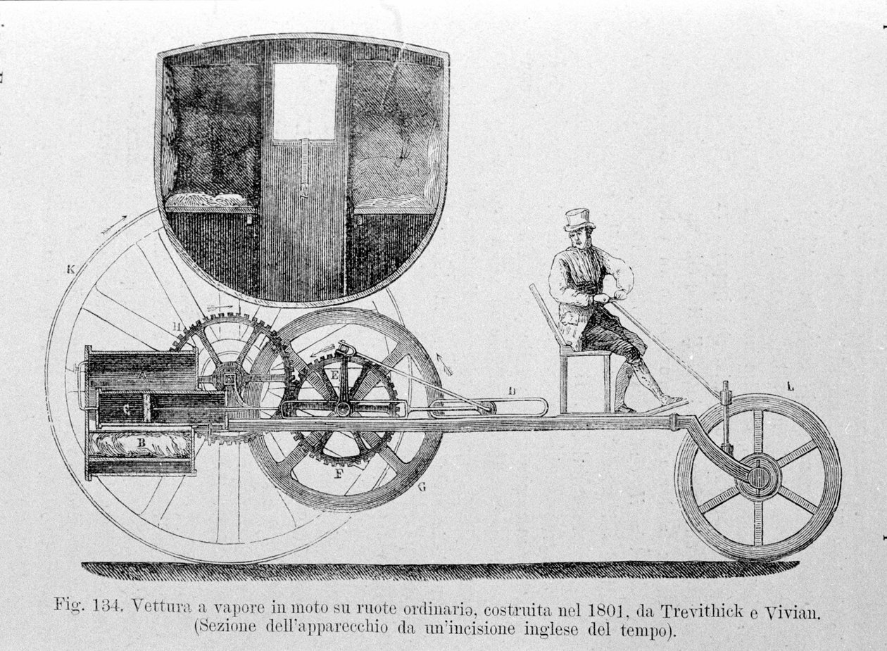 Dampbil montert på det vanlige, bygget i 1801 av Trevithick og Vivian. Gravering av 1800-tallet. av Unknown artist