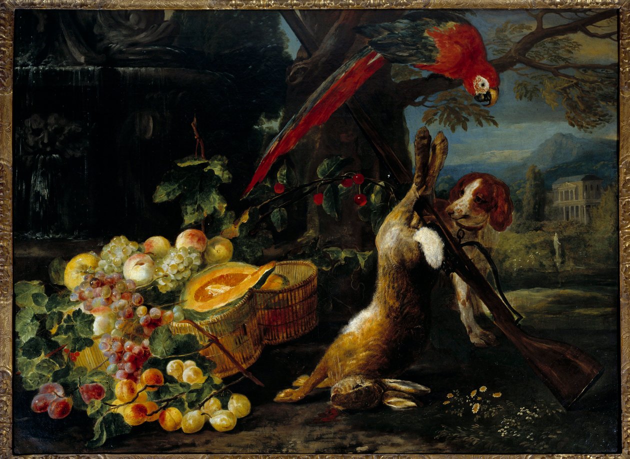 Stilleben av vilt, papegøye og frukt Anonymt maleri fra 1700-tallets Paris, dekorativ kunst av Unknown artist