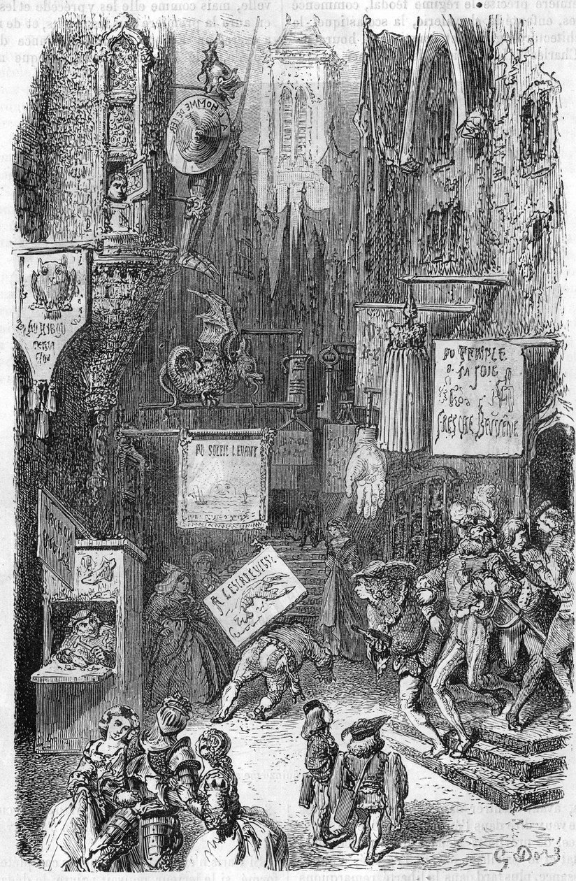 Street scene in the Middle Ages. 19th century engraving. av Unknown artist