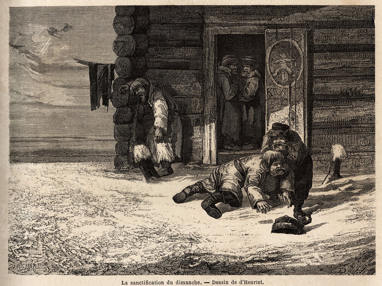 Søndag helliggjørelse har spisskummen brennevin, Dorpat arbeidere. Tegning av Henriet, for å illustrere hans reise til de russiske baltiske provinsene i 1851-54. Gravering i "" Le tour du monde"", redigert av Edouard Charton av Unknown artist