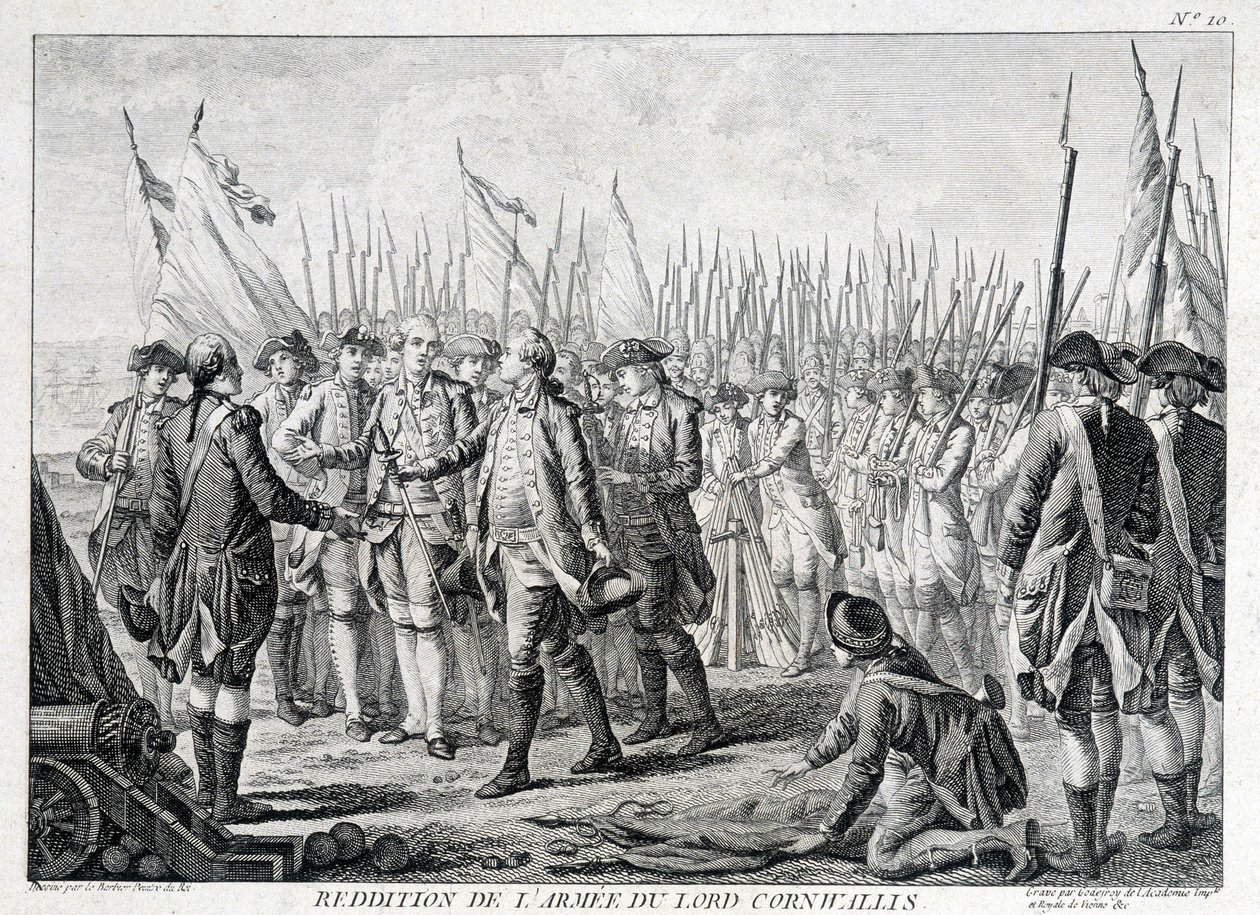 Overgivelse av den britiske hæren til Lord Cornwallis (1738 - 1805) til Amerika 19. oktober 1781. av Unknown artist