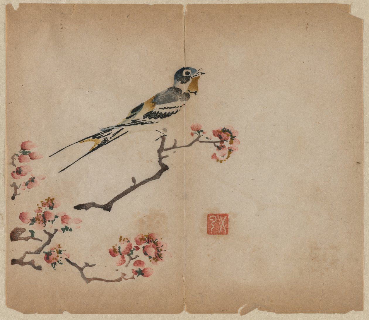 Svale på blomstrende ferskengren av Unknown artist