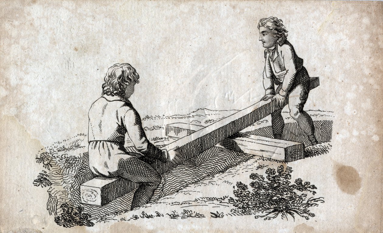Swing: two children on a butt tape (butt tape) Engraving late 18th century. Private collection. av Unknown artist