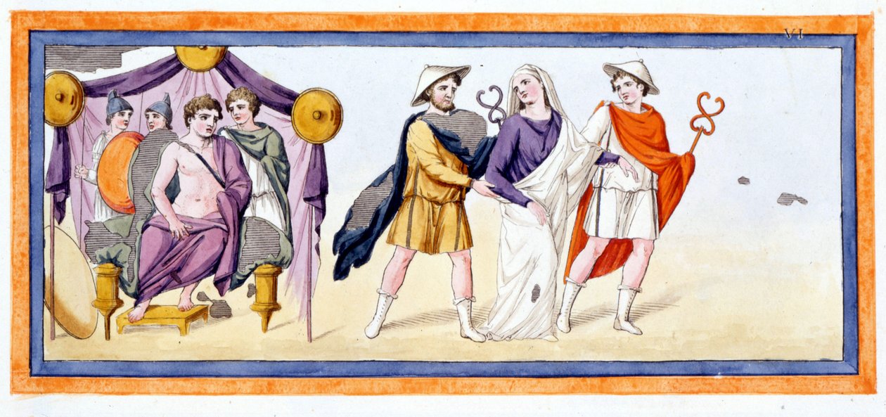 Talthybios og Eurybates tar jomfruen Briseis foran Akilles, som står i Myrmidonenes telt. Iliad Chant I, v 345. Gravering fra slutten av 1700-tallet. av Unknown artist