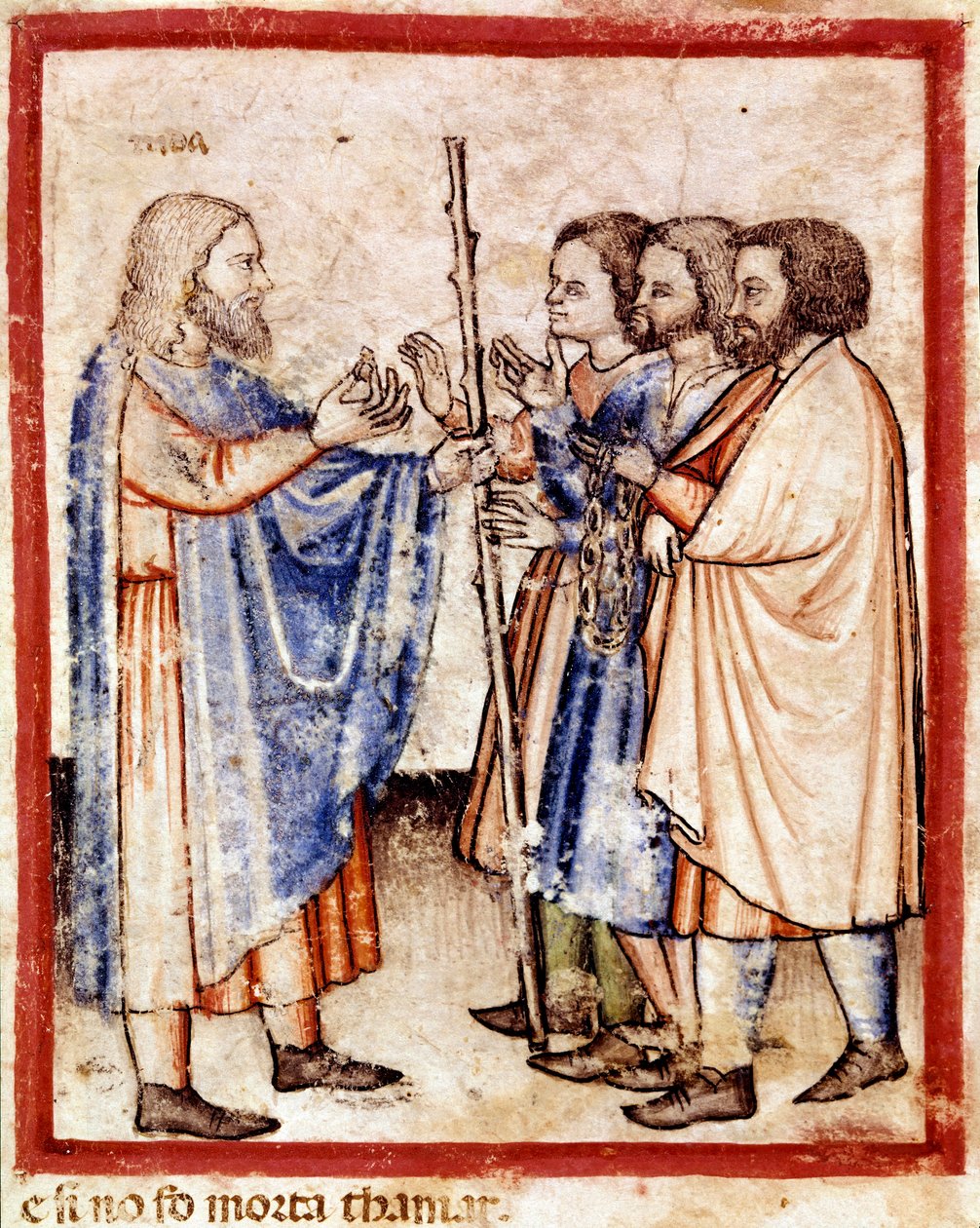 Tamar presenterer Juda forseglet, snoren og stokken han hadde etterlatt som sikkerhet, miniatyr fra kodeks 212 (eller padovano-kodice eller Bible of Padua) 1390-1400 (vellum) av Unknown artist