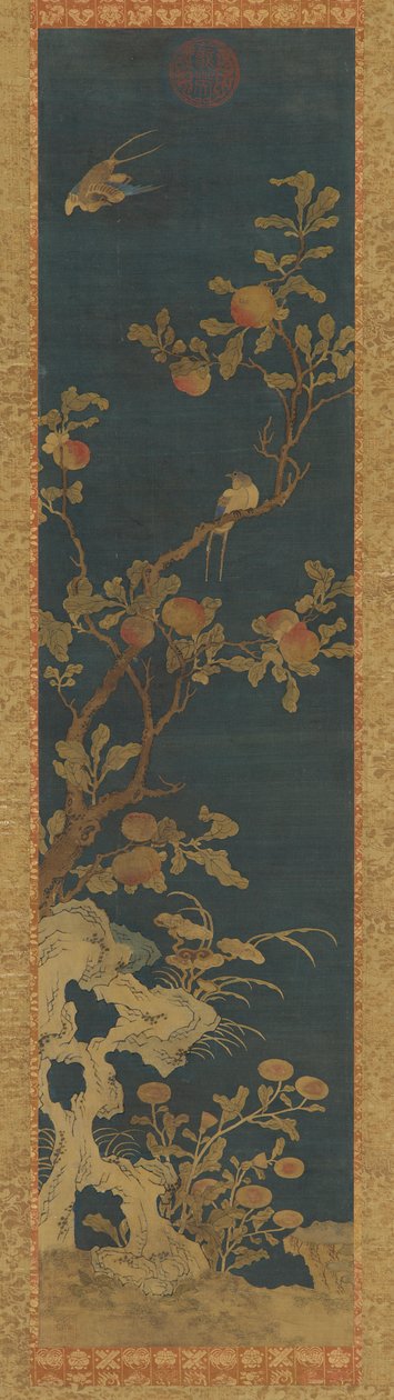 Tapet: fugler, ferskentre, steiner og blomster på en blå bakke av Unknown artist