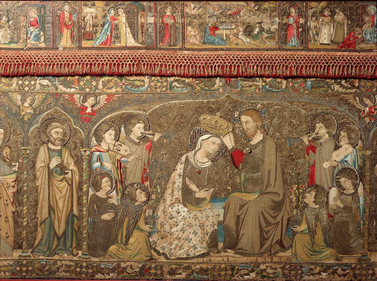 Billedteppedetalj som dekorerer et alter som representerer kroningen av jomfruen - Fra kirken Santa Maria Novella av Unknown artist