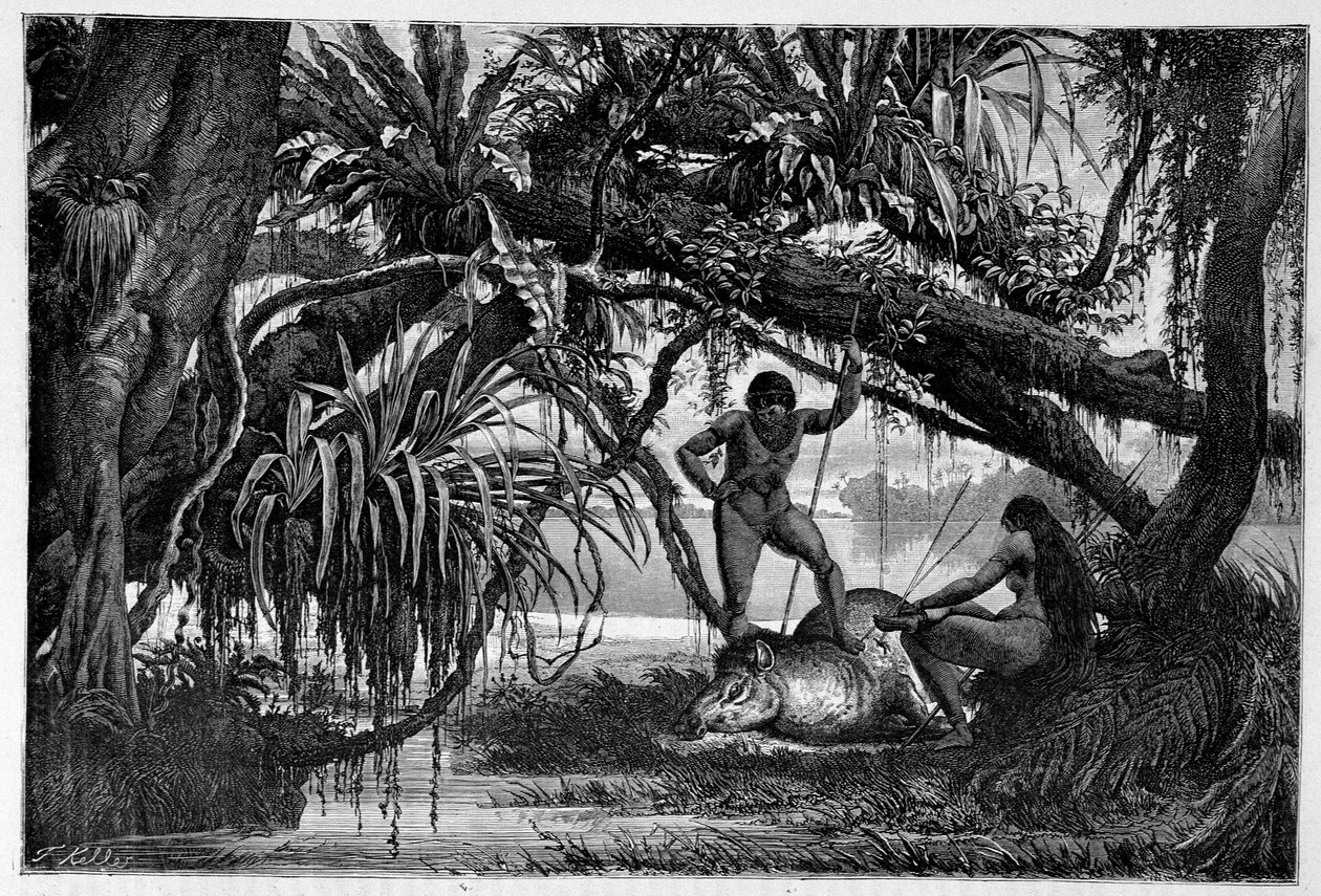 Tapir drept av indianere i Brasil - i "" Jorden rundt"" 2. semester 1874. av Unknown artist