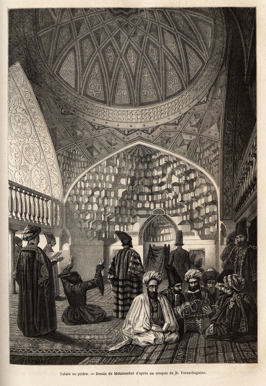 Tatarer i bønn, i moskeen Schusha (Transkaukasia, Russland). Gravering for å illustrere reisen i provinsene i Kaukasus, av Basile Vereschaguine, i 1864-1865, publisert i "" le tour du monde", under ledelse av D'Edouard Charton, Ha av Unknown artist