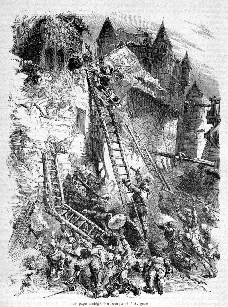 (anti-) paven (Benedict XIII) beleiret i palasset hans i Avignon (av troppen til pave Boniface IX) - i "Historie om paver, konger, dronninger, keisere, gjennom århundrene" av Maurice Lachatre av Unknown artist