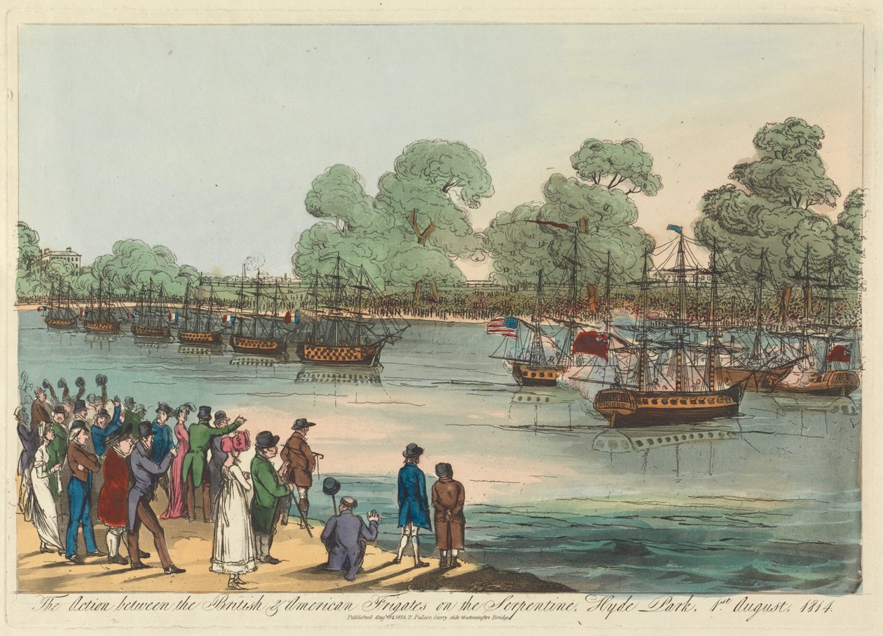 Handlingen mellom de britiske og amerikanske fregattene på Serpentine, Hyde Park 1. august 1814 av Unknown artist