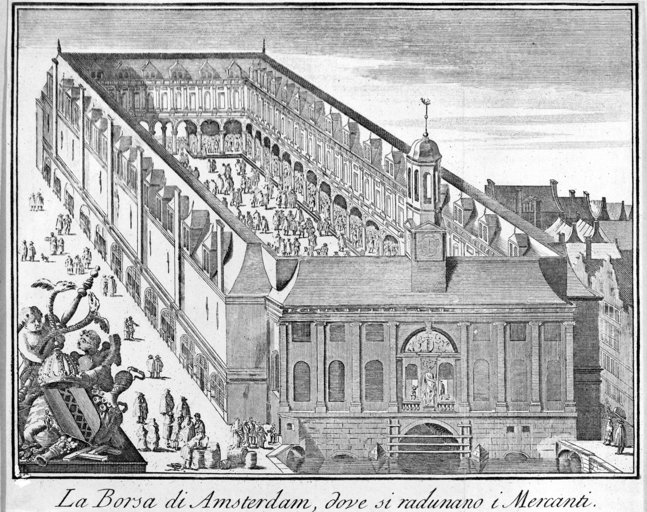 Amsterdam-børsen hvor kjøpmenn samles. 1700-talls gravering. av Unknown artist