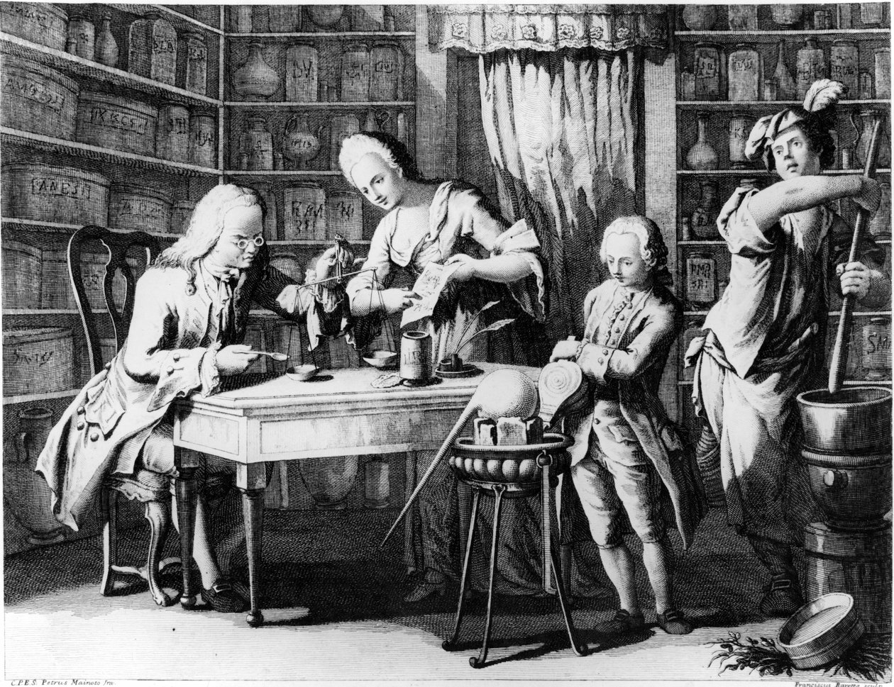 Apotekeren. 1800-talls gravering. av Unknown artist