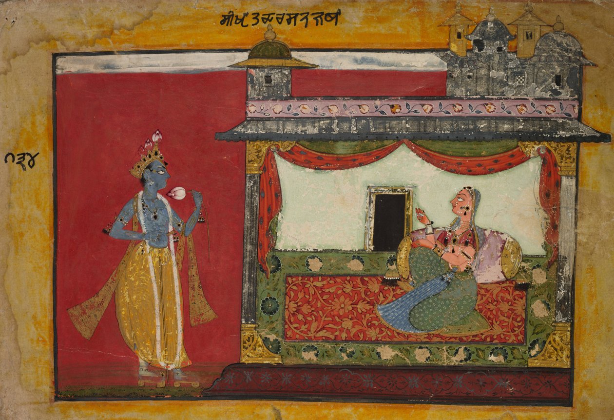 Tilnærmingen til Krishna. Side fra en Rasamanjari av Unknown artist