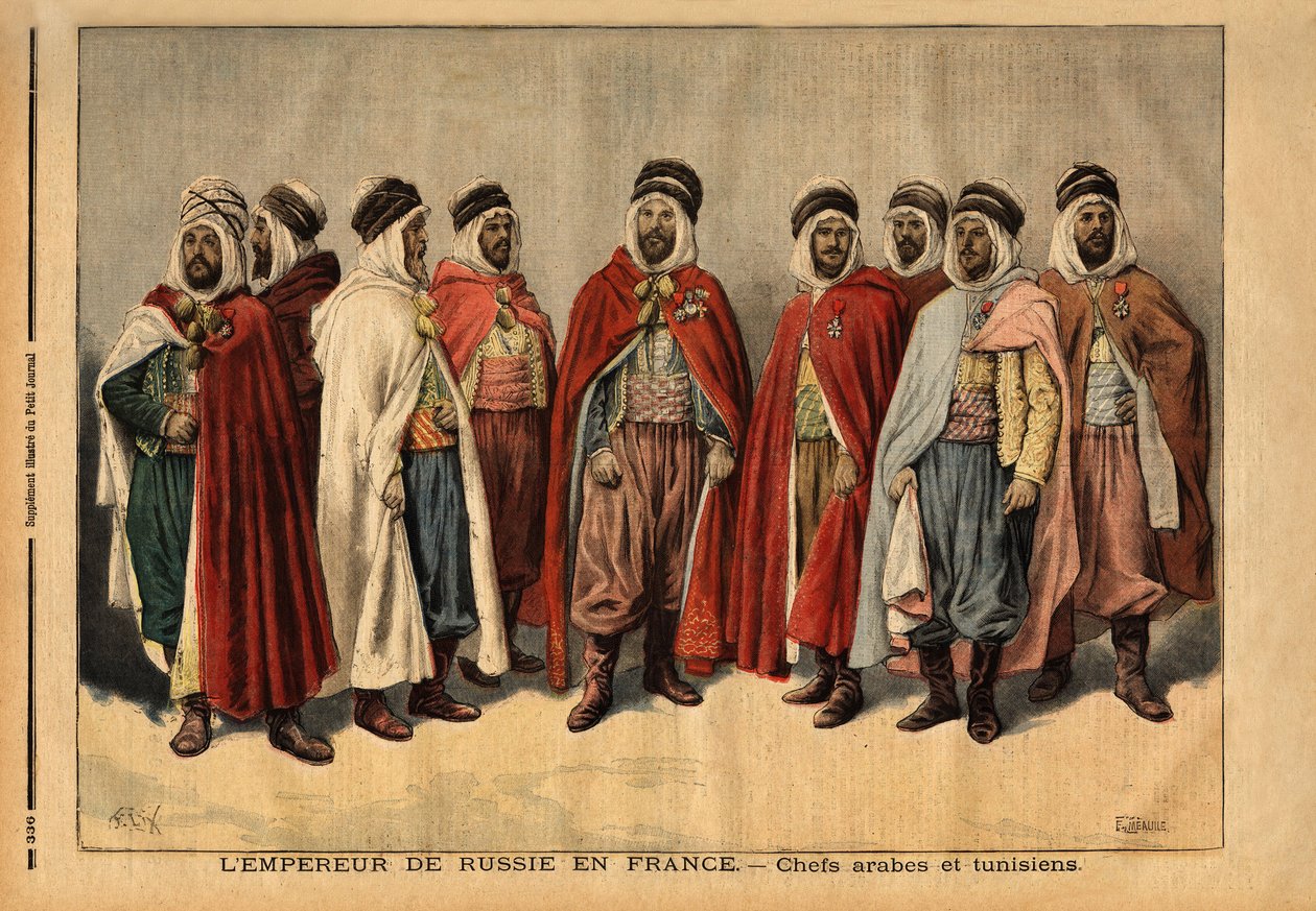 De arabiske og tunisiske høvdingene, siktet for æresvakten til tsar Nicholas II, besøkte Frankrike. (Han er Hamza, leder for Uleds sidi-sjeikene; Han er Mohammed ben Ghana, hersker over Zibans; Han er Ferhat Mouly, caid for Beni Maaida; Han er Lakdan, hers av Unknown artist