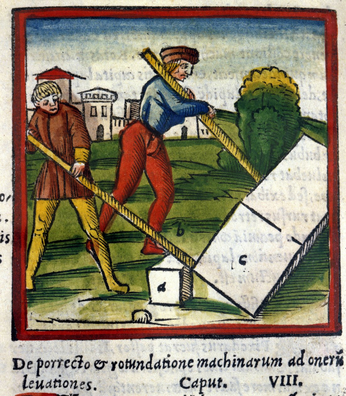Arkimedes-spaken (287 f.Kr. - 212 f.Kr.) i De architectura de Vitruva. 1630. Trivulziana, Milano. av Unknown artist